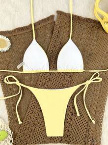 Oceva Women's Summer Beach Solid Color Halter Neck Tie Sexy Fashion Bikini Two-Piece Swimsuit Set - Pale Yellow - View 2