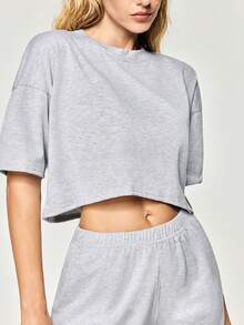 SHAPORA Bộ đồ mặc nhà gồm áo trễ vai và quần short đơn giản - Xám - Xem 7