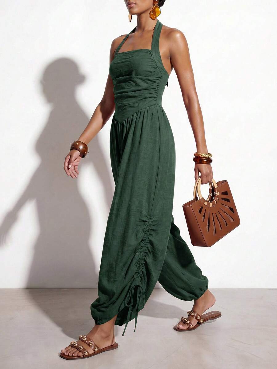 Zivah Jumpsuit Wanita Warna Polos untuk Liburan, Model Liburan, dengan Lipit di Bagian Bawah, Tali Serut, dan Leher Halter. - Hijau Tentara - View 1