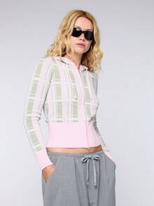 COUREZ Long Sleeve Fitted Hooded Check Zip Cardigan Knit / Y2K Summer Outfits For Women Casual Outfits Autumn Hoodie Going Out Outfits Rave Autumn Knit - Multicolor - View 6