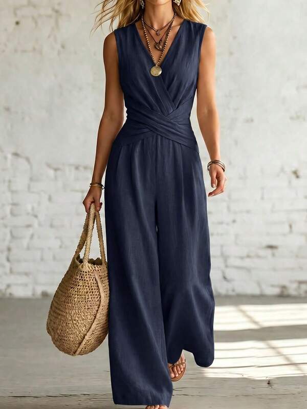 SHEIN Holidaya Women's Sleeveless V-Neck Cinched Waist Wide Leg Jumpsuit 2026 New Versatile Vacation Beach Khaki Solid Color Women's Clothing Daily Commute Home Wear