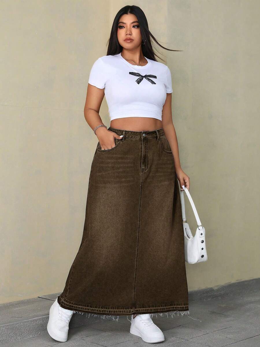 SHEIN ICON 大尺碼女款口袋鈕扣休閒百搭日常牛仔裙 - 棕色 - 查看 1