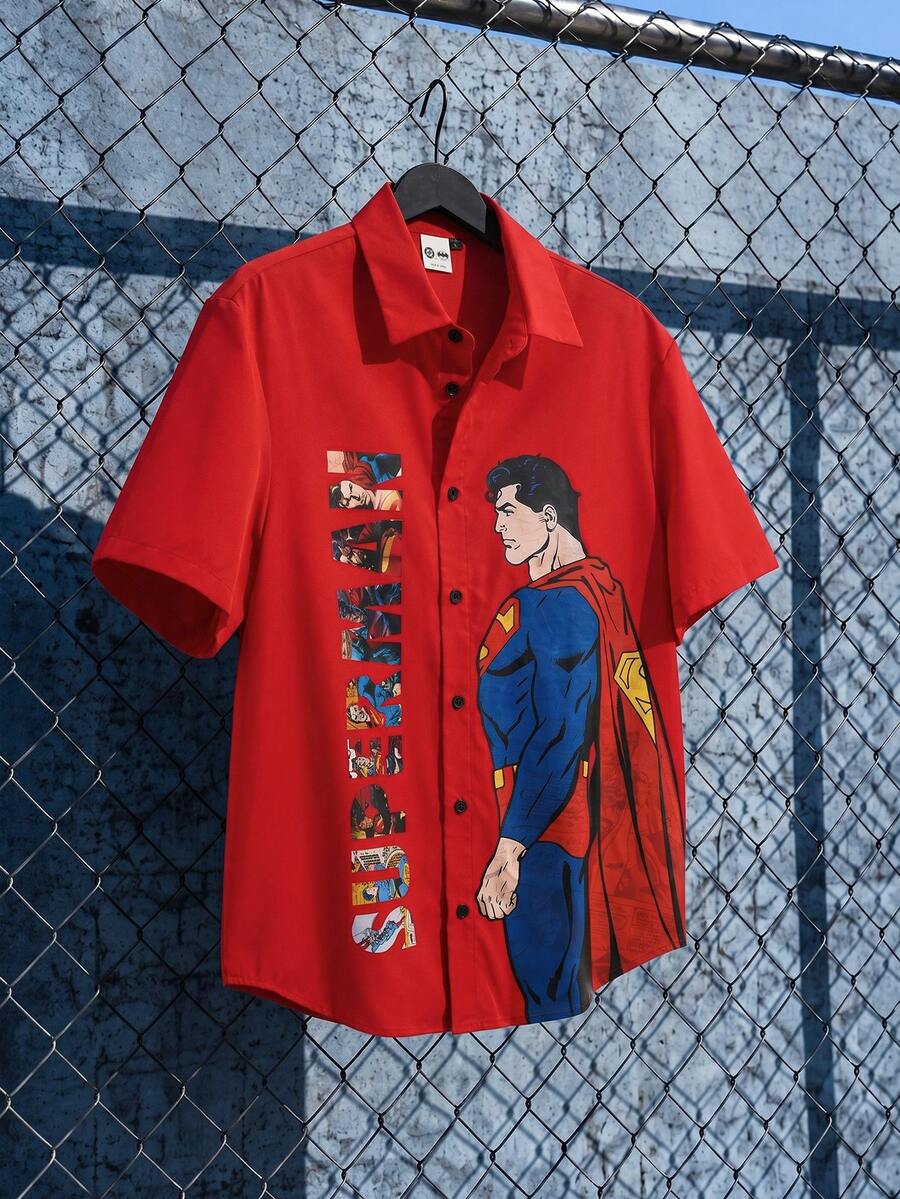 SUPERMAN X SHEIN Men's Letter Cartoon Pattern Single-Breasted Casual Versatile Daily Travel Short Sleeve Shirt - Red - View 1