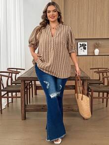 SHEIN CURVE+ Plus Size Women Casual Vacation Notched Collar All-Over Print Petal Sleeve Shirt Vacation White Summer - Khaki - View 3