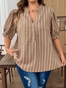 SHEIN CURVE+ Plus Size Women Casual Vacation Notched Collar All-Over Print Petal Sleeve Shirt Vacation White Summer - Khaki - View 5