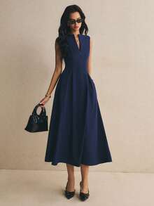 Poéselle Women's Solid Color Zipper Design Sleeveless Elegant Long Dress Office Tea Party Dinner Date Navy Blue Summer Teachers' Day - Navy Blue - View 8