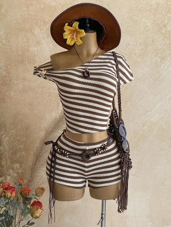 Soleia Women's Striped Patchwork Color Metallic Decor Top And Shorts Casual Daily Two Pieces Set