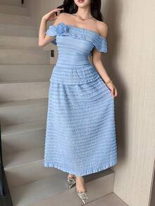 Feyla Women's 3D Flower Decor Off-Shoulder Elegant Romantic Midi Dress Tea Party Baby Blue Summer - Baby Blue - View 8