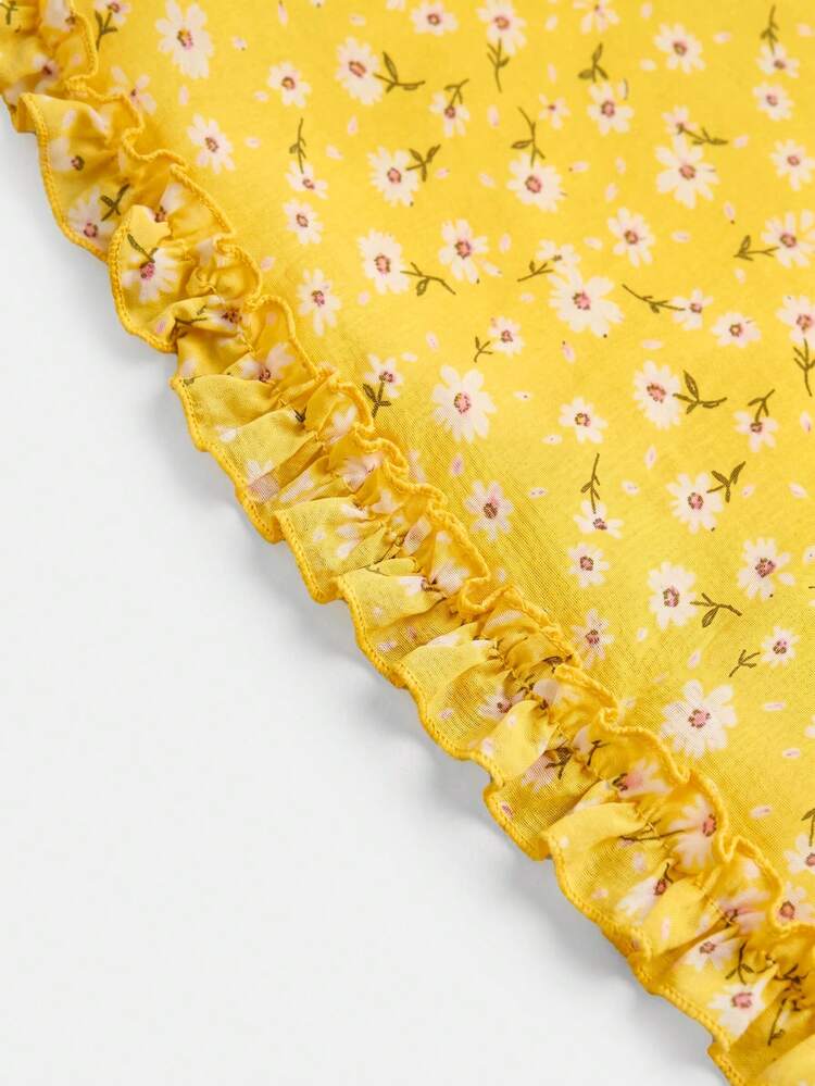 Yellow Floral Knee-Length Midi Skirt With Tie Waist French Style Summer Vintage Holiday Casual Skirt