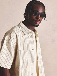 Musero Striped Oversized Short Sleeve Button Up Shirt Square Patch Front Pockets Spring Co-Ord Shirt Only - Black and White - View 5