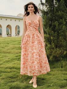 MOTF PREMIUM WOMEN'S FLORAL PRINT FOLD PLEATED MIDI DRESS WEDDING PICNIC VACATION GARDEN PARTY ORANGE RED SUMMER ROMANTIC ELEGANT - Multicolor - View 4