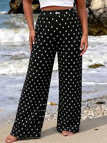 SHEIN Clasi Plus Size Women's Heart Print Pleated Straight Leg Pants - Black - View 7