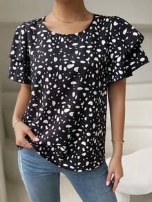 SHEIN Holidaya 女款圓領全身印花休閒百搭日常旅行襯衫 - 黑色 - 查看 3