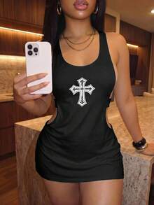 Slaydiva U領露肚口標語Logo印花圖案交叉印花圖案背心T恤 - 黑色 - 查看 1