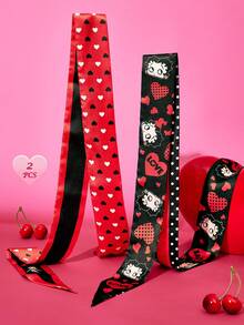 Betty Boop x SHEIN 2入組時尚女士黑色紅色光滑柔軟緞面髮帶波點格紋櫻桃絲巾，適合髮型設計、禮物、戶外旅行、禮物靈感、派對、節日、情人節 - 彩色 - 查看 1
