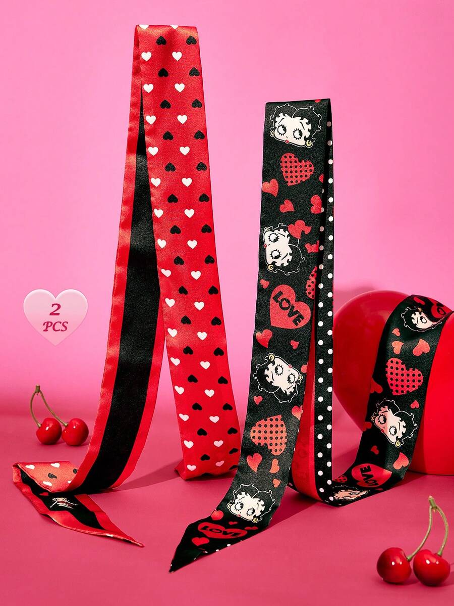 Betty Boop x SHEIN 2入組時尚女士黑色紅色光滑柔軟緞面髮帶波點格紋櫻桃絲巾,適合髮型設計、禮物、戶外旅行、禮物靈感、派對、節日、情人節 - 彩色 - 查看 1