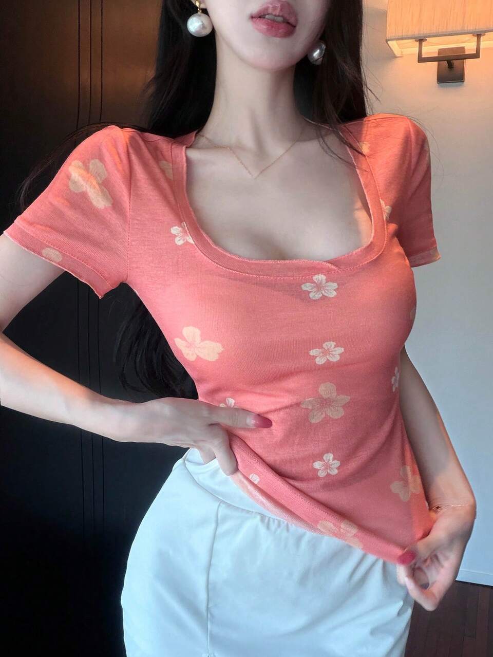 Summer Floral Print Pink Fitted Elegant Short Sleeve Women's T-Shirt For Wedding Banquet Graphic Tee