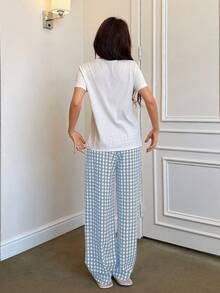 Napfluff 可愛蝴蝶結刺繡上衣與格紋長褲女款睡衣套裝 - 淺藍色 - 查看 2