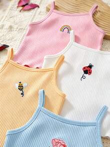 SHEIN Playful Pals 4件組女嬰幼童可愛軟綿 Y2K 羅紋針織粉藍白蜜蜂昆蟲太陽上衣背心吊帶衫套裝 柔軟海灘 7月4日 海洋盛夏新款混搭 - 彩色 - 查看 4