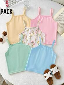 5pcs/Set Girls' Camisole Tank Tops, Rich Colors, Versatile, 4 Soft Macaron Colors - Light Yellow, Light Pink, Sky Blue, Mint Green, With Fresh Ditsy Floral Style In The Middle, Refreshing And Eye-Catching For Single Wear, Also Great For Layering, Suitable For Daily School, Outings, Etc., Practical And Versatile, Essential All-Match For Spring/Summer Wardrobe - Multicolor - View 7