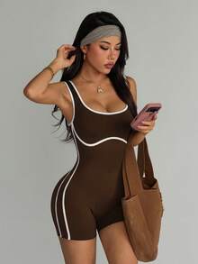 Dewbera Dewbera Seamless Colorblock Sports Jumpsuit - Coffee Brown - View 7