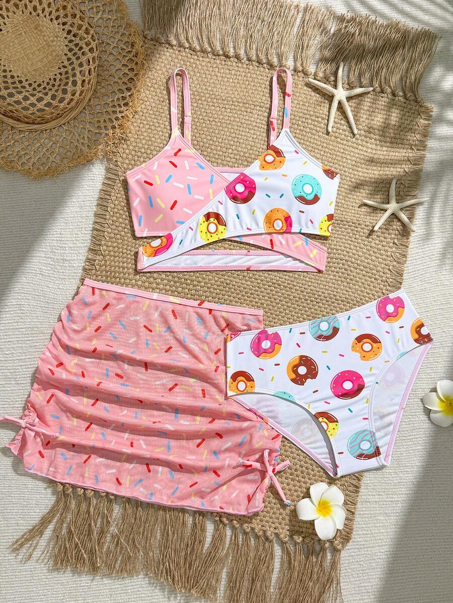 SHEIN 青少年女孩 3 件組比基尼泳衣套裝,附網紗罩衫裙,可愛隨機甜甜圈印花,適合海灘、泳池、夏季、度假 - 粉色 - 查看 1