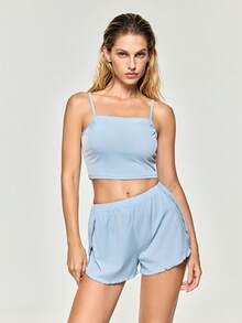 SHAPORA Women's Solid Color Minimalist Summer Cami Top & Slit Shorts Homewear Set Outfit - Blue - View 4