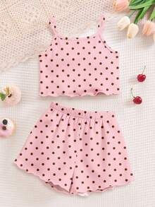 Cream Color, Young Girl Casual Simple Slim Fit Cartoon Pattern Cami Top And Shorts Set, Suitable For Summer Home Wear, Cami Set, Cami And Shorts Set, Easy Comfort - Multicolor - View 4