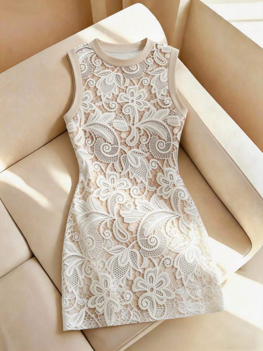 SHEIN Franclia 夏季戶外通勤商務旅行街頭休閒時尚優雅花卉印花修身圓領無袖短款女裝洋裝 - 彩色 - 查看 1