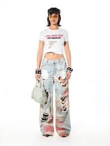 SUMWON WOMEN American Flag Print Distressed Ripped Baggy Wide Leg Jeans Stars Stripes Patriotic Denim 4th July - Blue - View 7