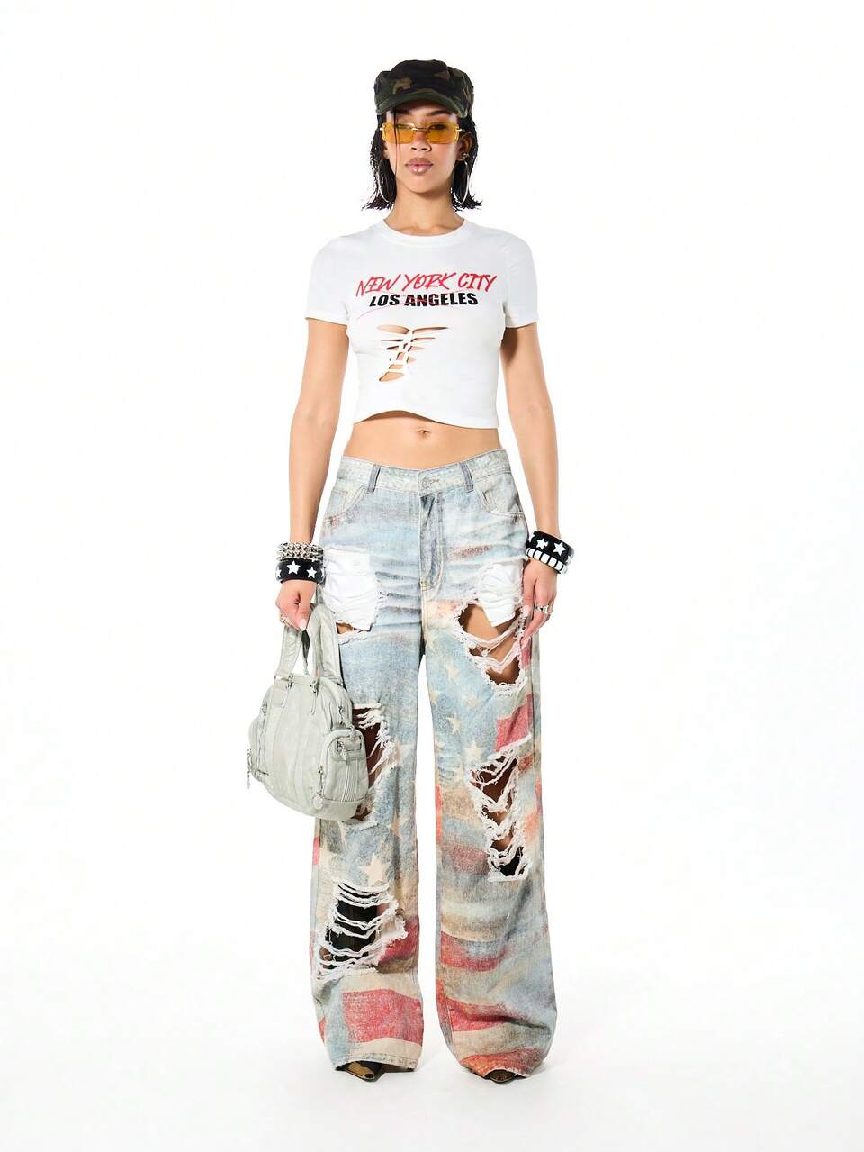 SUMWON Distressed Baggy Jeans With American Flag Print