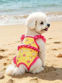 PETSIN Pet Swimsuit, Ruffled One-Piece Pet Bathing Suit With Cute Sea Fish Print, Quick Dry Puppy Swimwear For Small Dogs & Cats, Summer Beach Pool Outfit - Yellow - View 1