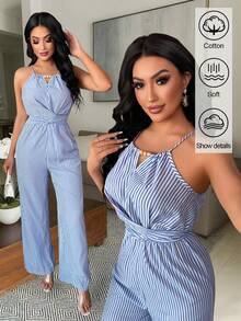 Vavine Women's Casual Tropical Blue And White Stripe Striped Fabric Backless Beaded Design Waist Button Tie Jumpsuit Beach Vacation Summer - Blue - View 1
