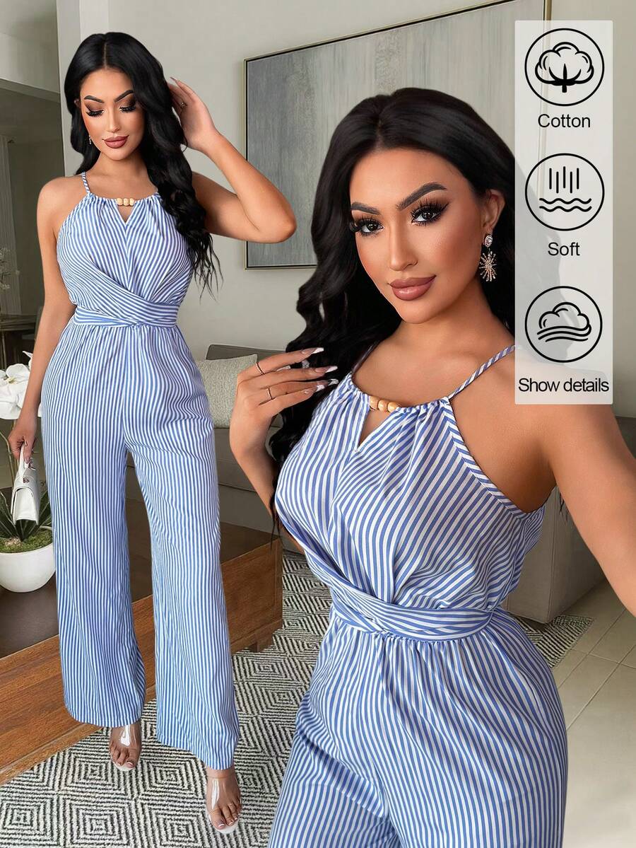 Vavine Women's Casual Tropical Blue And White Stripe Striped Fabric Backless Beaded Design Waist Button Tie Jumpsuit Beach Vacation Summer - Blue - View 1