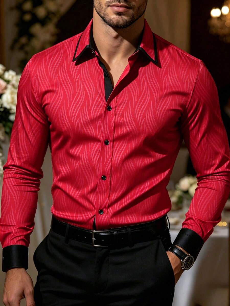 Manfinity Mode Kemeja Formal Pria Merah Musim Gugur Elegan Motif Bunga untuk Pesta Ulang Tahun, Fashion Kasual Bisnis, Kerja Harian, Kerah Tegak, Kancing, Lengan Panjang, Cocok untuk Pernikahan - Merah - View 1