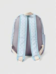 ROMWE Kawaii 1Pc Blue Cute College Polka Dot Striped Pattern Embroidered Patch Star Wings With Bar Badge Five-Pointed Star Rabbit Hairpin Decoration Large-Capacity Multi-Pocket Backpack, Simple Women's Backpack, Suitable For Commuting, College, Vacation And Other Fashion Items - Blue - View 4