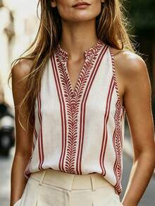 SHEIN LUNE Summer Vacation Casual Elegant Bohemian Print Striped Notch V-Neck Sleeveless Loose Women's Shirt Beige - Multicolor - View 1