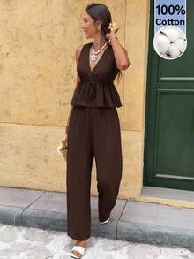 SHEIN Frenchy Women's Solid Color Waist Tie Ruffle Hem Sleeveless Shirt And Pants Casual Two Pieces Set Vacation Dark Brown Summer - Coffee Brown - View 1