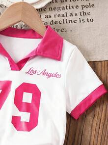 SHEIN Baby Girl Two Pieces Sets White Pink Polo Shirt And Pleated Skirt Summer Casual Sporty - Hot Pink - View 5