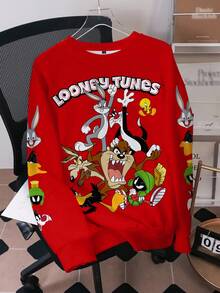 LOONEY TUNES X SHEIN 男士圆领长袖舒适休闲卡通字母印花套头衫，秋冬 - 白色 - 查看 3