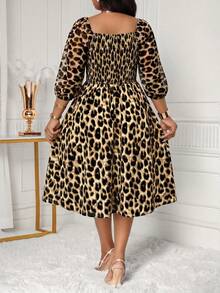 SHEIN Lady Plus Size Women's Leopard Print Fashion Date Evening Wedding Guest Holiday Cocktail Party Dress Beige Autumn Elegant Sexy - Multicolor - View 2