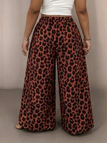 SHEIN VCAY Plus Size Women's Vacation Casual Loose All-Over Leopard Print Wide Leg Long Pants - Orange - View 2