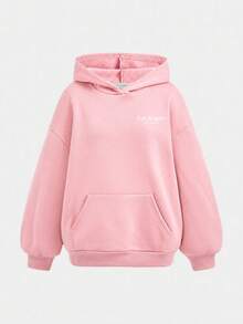 SHEIN Girlism 青少年女孩深灰色/休閒/連帽運動衫/口袋/十字架/百搭/長袖套頭衫/英文標語寬鬆長袖運動衫，百搭，日常，多功能，適合各種運動場合，返校季，學院風 - 粉色 - 查看 5