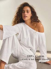 Ocili 2 pièces Ensemble décontracté de haut à manches longues en coton doux et confortable et short, short avec faux devant et boutons coquillages, ensemble de pyjama minimaliste pour femmes - Blanc - Voir 3