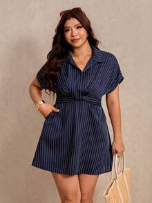 Elaquor Plus Size Summer Casual Tropical Elegant Flapper 1920s Navy Blue Twist Knot Dress Office Formal Brunch Evening Business Women Going Out - Multicolor - View 6