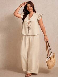 Elaquor Plus Size Women's Ruffle Trim Front Tie Small Flutter Sleeve Blouse And Wide Leg Pants Casual 2 Pieces Set Casual Summer Vacation Daily Two Pieces Set - Apricot - View 7