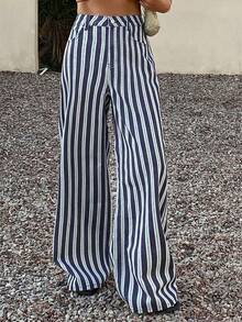 Livesso Women's Casual Striped Wide-Leg Jeans - Navy Blue - View 4