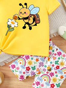 (3 conjuntos aleatorios, se envía 1 conjunto) Conjunto de pantalones cortos de ciclismo básicos para niñas pequeñas de verano con estampado de abeja de dibujos animados, flor colorida, arcoíris, mariquita roja y lunares - Multicolor - Ver 3