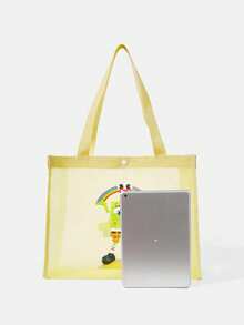 SpongeBob SquarePants | SHEIN 黃色網格托特包，印有圖案，大容量，易於攜帶，適合度假、旅行、購物 - 黃色 - 查看 3