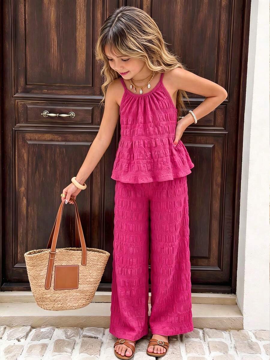 SHEIN Vintaside Kids 女童休閒簡約時尚日常圓領掛脖無袖短版純色紋理面料客製化綠色夏季背心彈性腰鬆款長休閒長褲背心套裝女童開學穿搭夏季出遊度假服 - 玫紅色 - 查看 1
